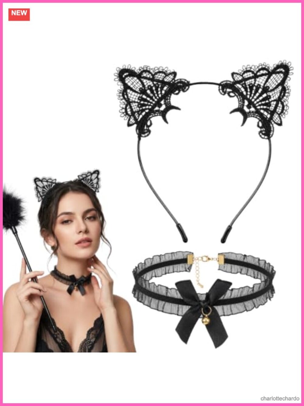 Lace Cat Ear Headband & Bell Choker Set Halloween Cosplay Costume